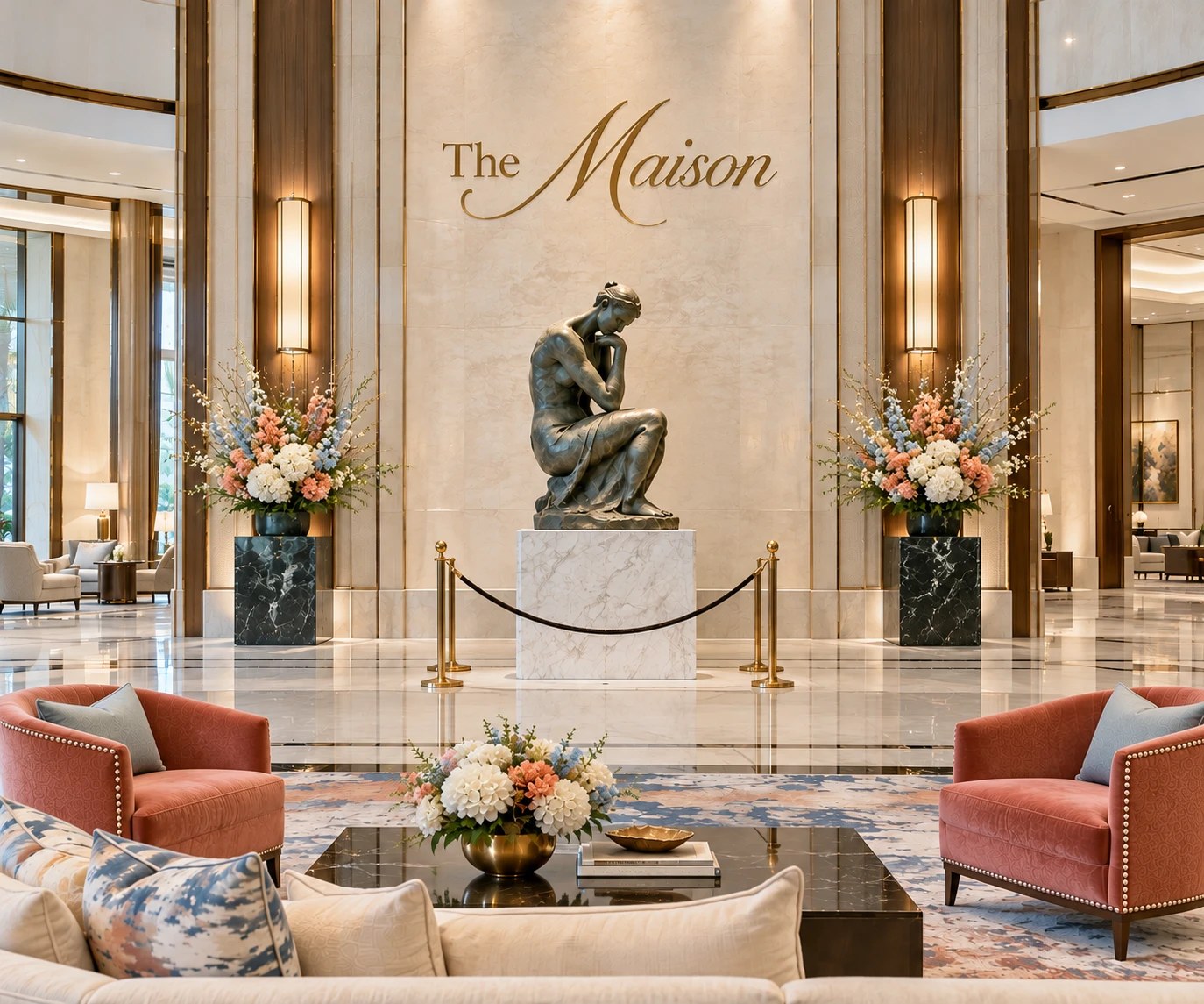Luxury hotel lobby with a bronze sculpture on a marble plinth beneath The Maison sign