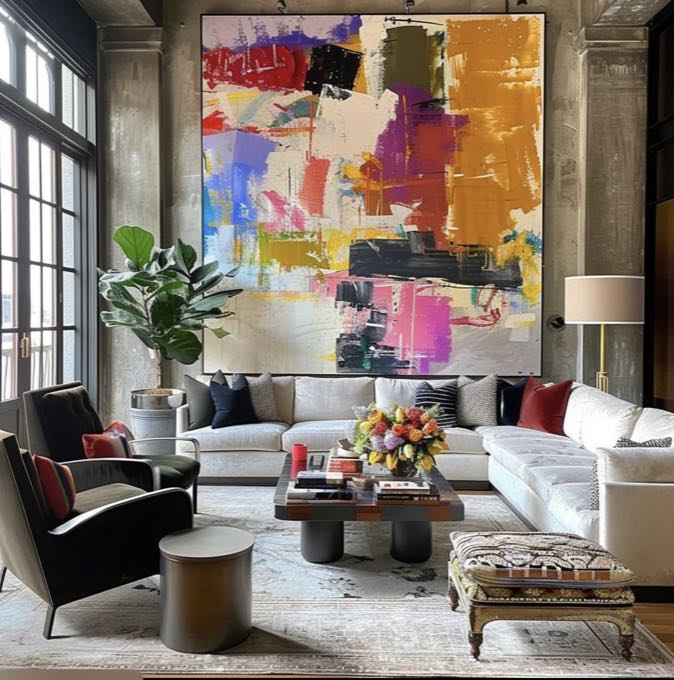 Industrial loft living room with a large statement painting