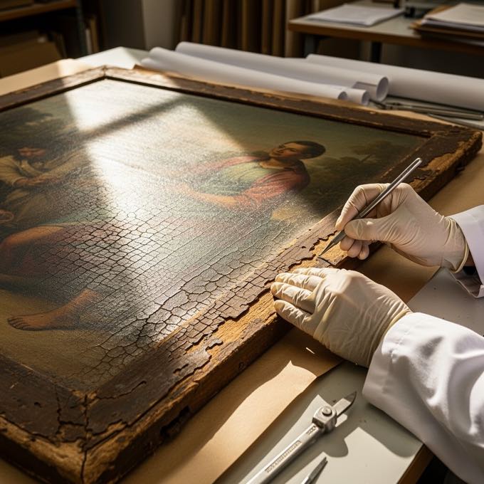 Conservator restoring an antique painting